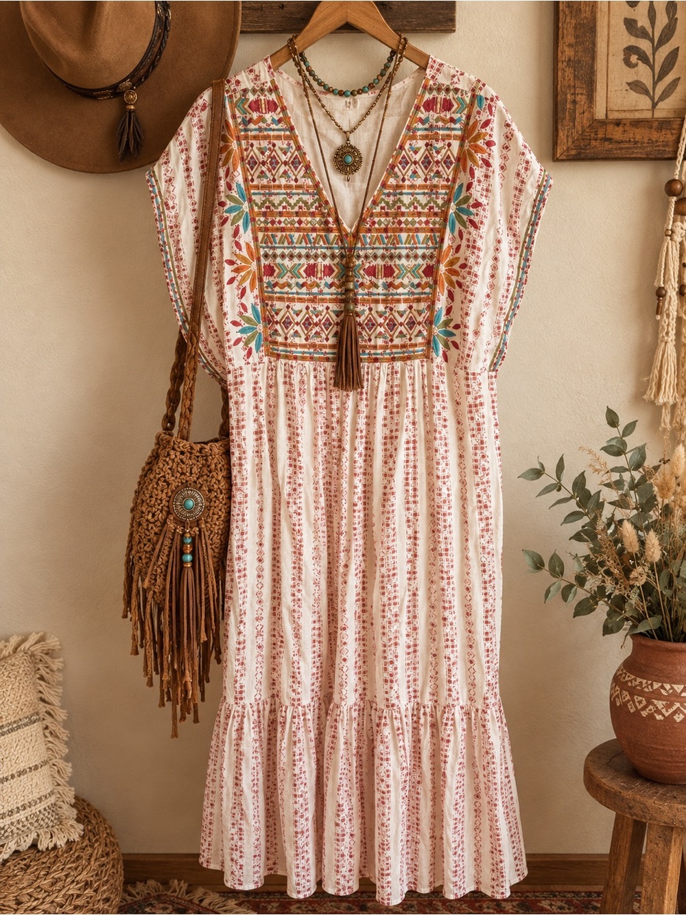 Savanna Jane White Maxi Dress with Colorful Embroidered Yoke